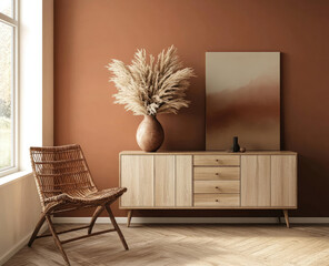 Modern cabinet, a sideboard with three drawers and one door on the right, in an oak wood color with a natural finish, Created with Ai