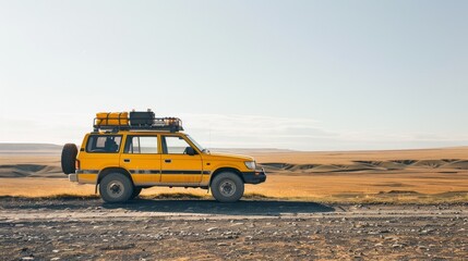 A rugged yellow SUV parked on a dirt path overlooks the vast, rolling plains under a clear blue sky, embodying adventure and freedom.