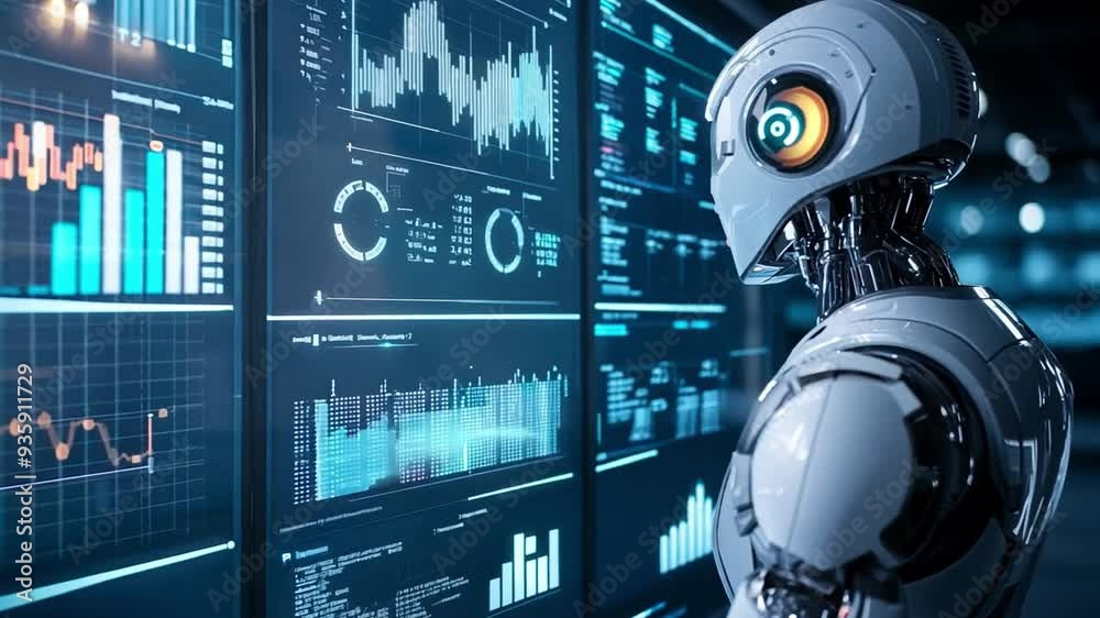 Poster a humanoid robot studies various data visualizations displayed on a large digital screen in a high-t