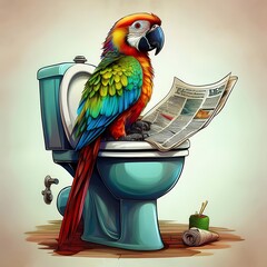 Parrot Reading In Bathroom Illustration