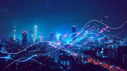 Fototapeta premium A futuristic cityscape at night with neon-lit skyscrapers and dynamic visual representations of data flow, embodying advanced technology and urban innovation.