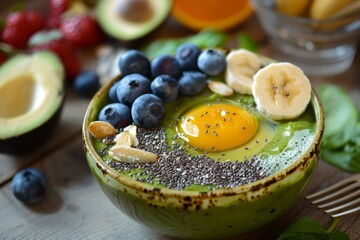 Healthy breakfast bowl featuring fresh fruits and vegetables with egg on top, set on a rustic table with additional ingredients visible