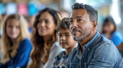 Fototapeta premium Parent-Teacher Conference: Parents sit in the classroom, focused on the teacher’s discussion of their child’s progress and achievements, demonstrating pride and support. 