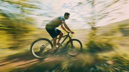 Fototapeta premium A cyclist on a mountain bike speeds down a forest trail, capturing the thrill and motion of outdoor adventure and dynamic sports.