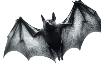 A black bat with its wings spread out. The bat is flying in the air. The image has a dark and mysterious mood