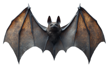 A bat with its wings spread out and its head up. The bat is the main focus of the image
