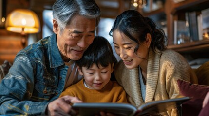 Obraz premium Family Photo Album: The family sits around the coffee table, flipping through a cherished photo album of vacations, holidays, and milestones, reminiscing and bonding over shared memories. 