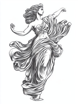 Black and white Vintage engraved art of a classic statue of Aphrodite with flowing drapery, isolated on white background, ink sketch illustration, simple vector art design, highly detailed line art