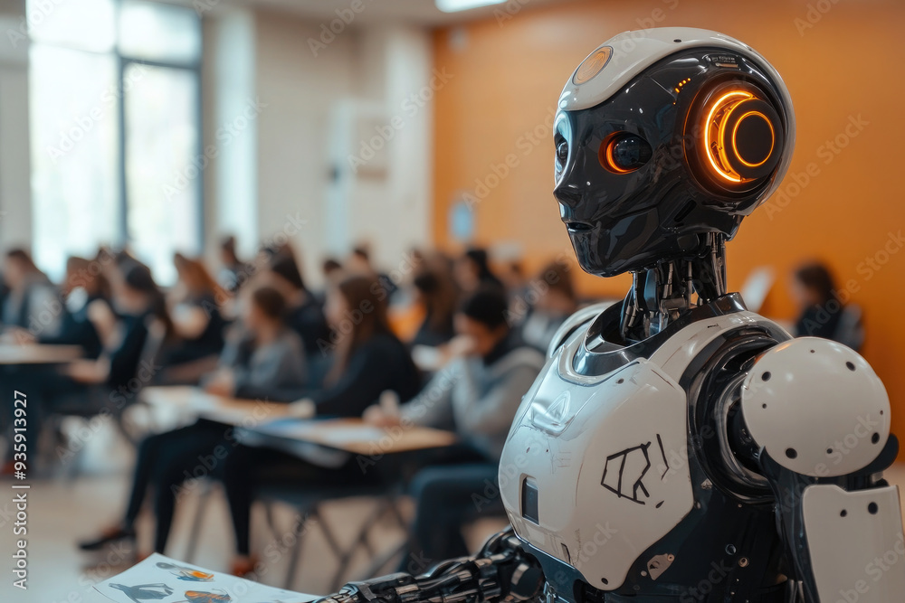 Poster a humanoid robot is located in a lecture hall full of students and holds lecture material in its han