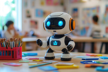 A humanoid robot is in a kindergarten classroom, helping the teacher teach drawing lessons.