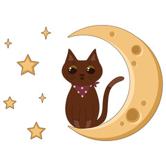 A cute cat sits on the moon under a starry sky