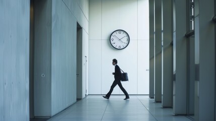 Businessman walking briskly in a modern hallway with a large clock, symbolizing the urgency and pace of corporate life.