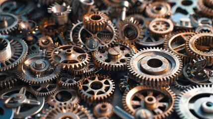 A collection of copper and brass gears intricately arranged, reflecting a vintage mechanical aesthetic.