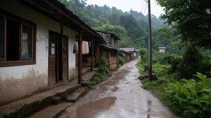 Fototapeta premium Tranquil Village Lane After Rain