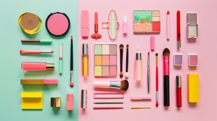 An organized collection of vibrant makeup items laid out in a meticulous arrangement on a pastel two-tone background.