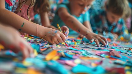 Obraz premium Family Craft Day: With glue, scissors, paint, and paper spread across the dining table, the family creates art projects together, highlighting their creativity and teamwork. 