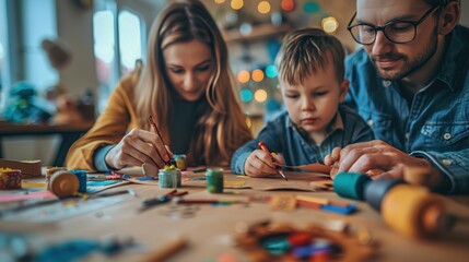 Fototapeta premium Family Craft Day: The dining table is filled with art supplies-glue, scissors, paint, and paper-while the family crafts together, demonstrating their creativity and artistic talent. 