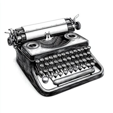 recommend clip art: Black and white Vintage engraved art of a classic vintage typewriter, isolated on white background, ink sketch illustration, simple vector art design, highly detailed line art, high contrasty 