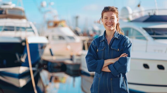 A smiling woman in a blue jumpsuit stands confidently with her arms crossed in front of a marina filled with boats, exuding a sense of accomplishment. - Powered by Adobe