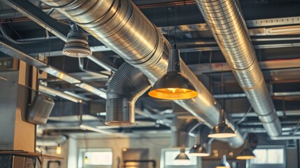 Cozy industrial interior with warm pendant lighting, exposed ducts, and pipes creating an inviting atmosphere in a modern space.