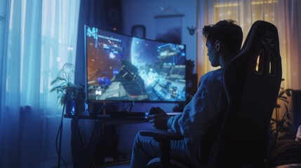 A person immersed in a video game, surrounded by a cozy, tech-lit room, demonstrating focus and intensity.