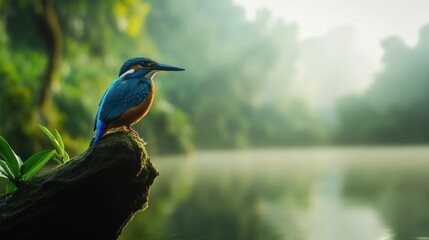 Kingfisher Perched on a Branch by a Tranquil Lake