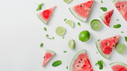 Slices of watermelon and lime scattered on a white surface with mint leaves, showcasing a refreshing summer vibe.
