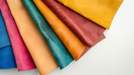 A selection of colorful, neatly arranged leather fabrics fan out on a light surface.