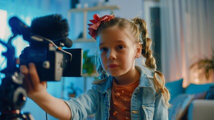 A focused little girl films herself with a professional camera setup, embodying creativity and the joy of vlogging or storytelling.