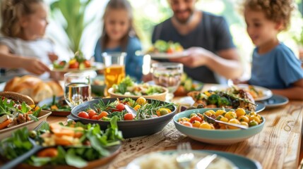 Naklejka premium Family Dinner: Sitting around a wooden table filled with home-cooked food, the family bonds over shared stories and laughter, making their dinner time special and warm. 