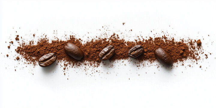 Chicchi di caff&egrave; con caff&egrave; macinato su sfondo bianco. 