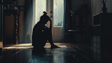 A person sitting alone in a dark room, shadows enveloping them, head in hands, capturing deep sadness and isolation. People depression mental problem sadness concept.