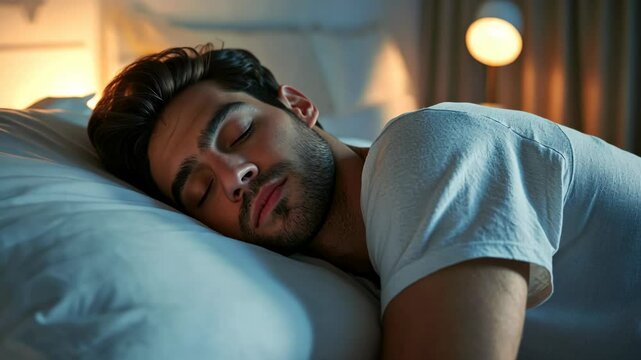 Man sleeping peacefully in cozy bedroom with warm lighting at night