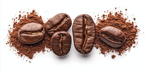Naklejka premium Chicchi di caffè con caffè macinato su sfondo bianco. 