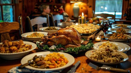 Fototapeta premium Family Dinner: The family enjoys a meal around a large wooden table, laden with home-cooked dishes, while sharing stories and laughter, making for a memorable dinner time. 