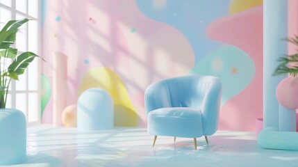 Pastel blue armchair in a colorful room.