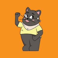 A hand-drawn cartoon of a cute, chubby cat standing proudly with a raised fist, wearing a yellow shirt and a scarf. The cat's eyes sparkle with joy and confidence, set against a vibrant orange 