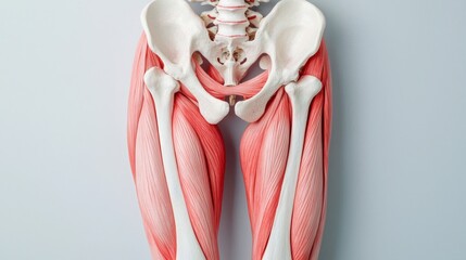 Detailed anatomical illustration of the human leg muscles, showcasing their structure and connection to pelvic bones for educational use.