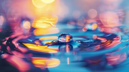 A mesmerizing close-up of a droplet creating ripples in vibrant, colorful water, illuminated by ethereal lighting that creates a dreamy, abstract effect.