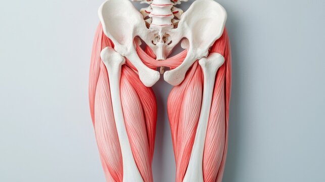 Detailed anatomical illustration of the human leg muscles, showcasing their structure and connection to pelvic bones for educational use.