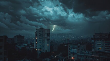 Fototapeta premium Amid looming dark clouds, a single lightning bolt splits the night sky above an urban landscape, creating a dramatic and captivating natural spectacle.