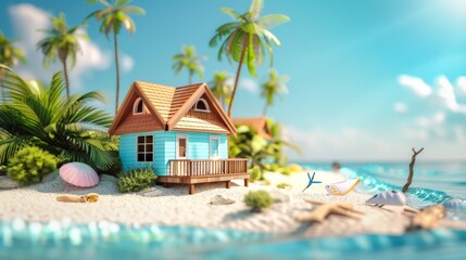 Tropical Beach House with Palm Trees and Turquoise Water.