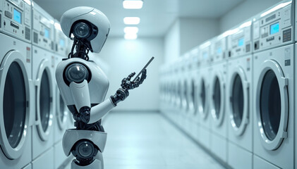 Robot assistant doing laundry in a bright laundry room