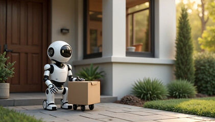 Robot delivering packages at a front door, realistic
