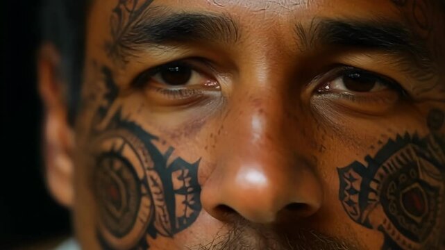 Young man proudly displaying a traditional polynesian tattoo on his face, showcasing rich cultural heritage with detailed patterns and symbols. Celebrating the beauty of polynesian culture