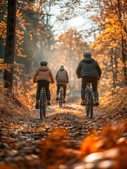 Young family out cycling forest trails in autumn with golden leaves falling from the trees and bright sunlight