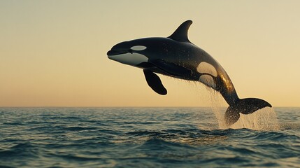 Killer Whale Leaping Out Of The Water At Sunset