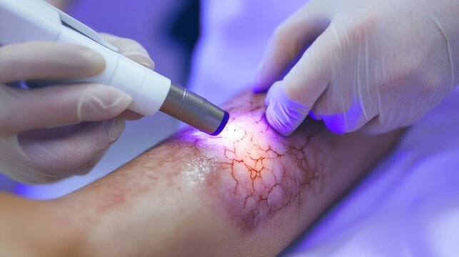 Close-up of a doctor examining a burn wound with a UV light.