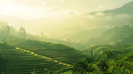 Green terraced fields under a golden sunrise, with rolling mist and distant hills creating a serene, dreamy landscape.