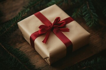 Gift Wrapped in Brown Paper with Red Ribbon on a Rustic Wooden Table, Copy Space